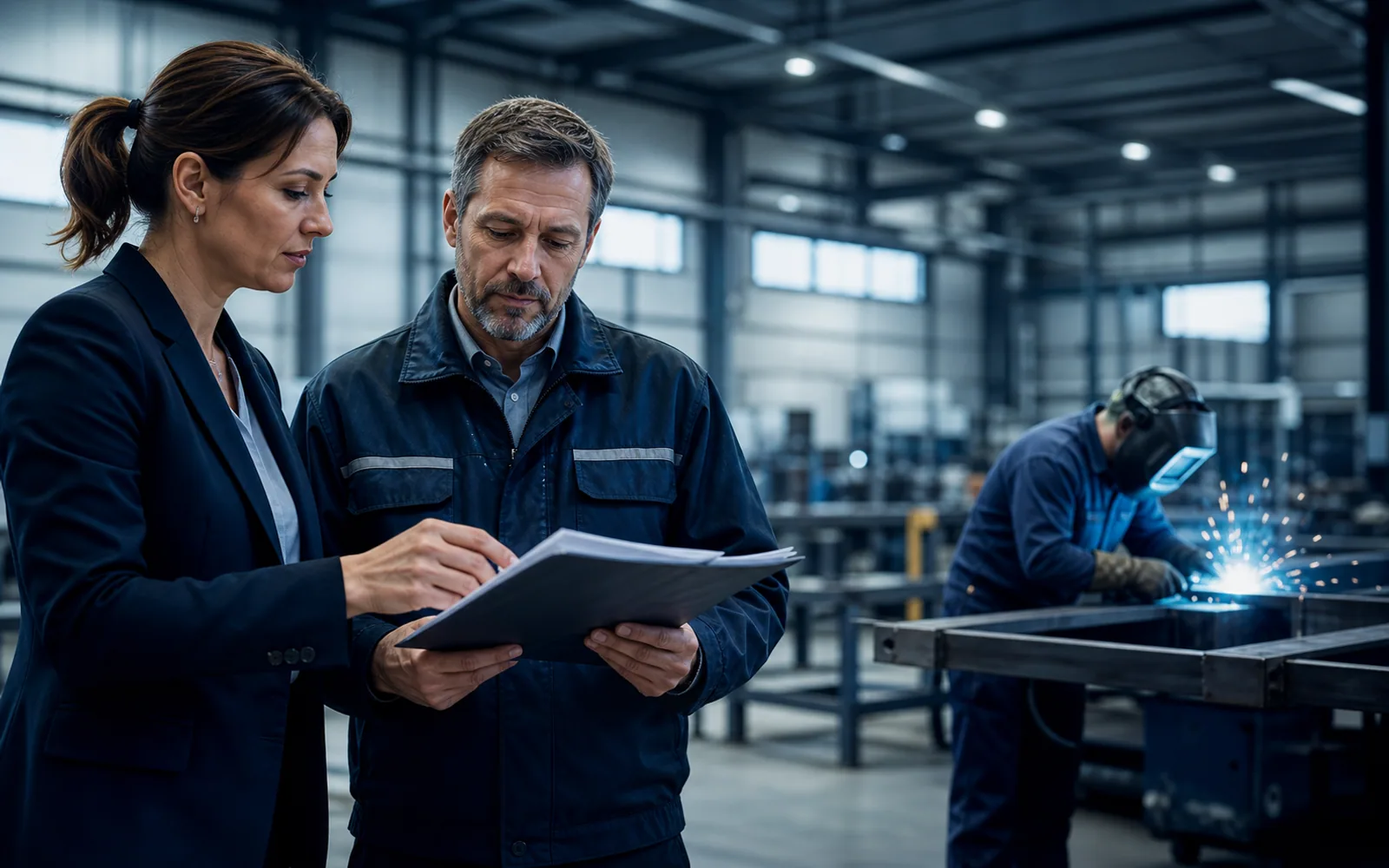 Recruiter and industrial supervisor reviewing a candidate skills assessment