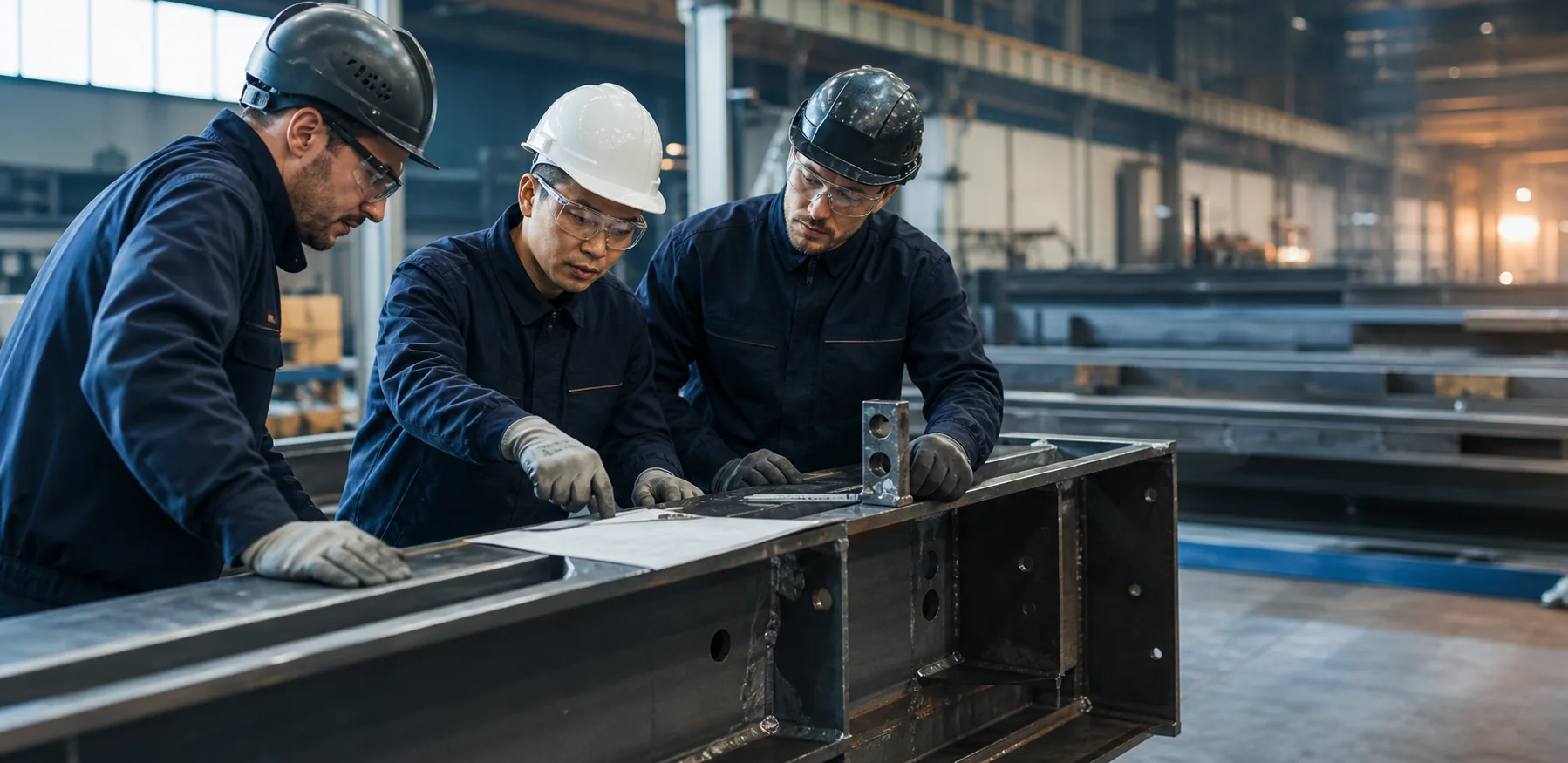 Skilled tradespeople reviewing a steel fabrication task in a modern workshop